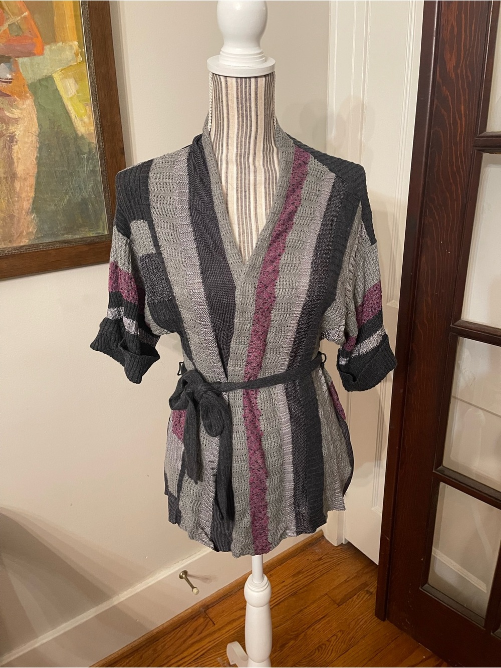 NIC+ZOE Striped Knit Cardigan in Gray, Charcoal & Plum